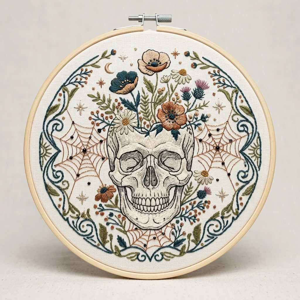 Wildflower-Crowned Skull and Spiderwebs colored hand embroidery design