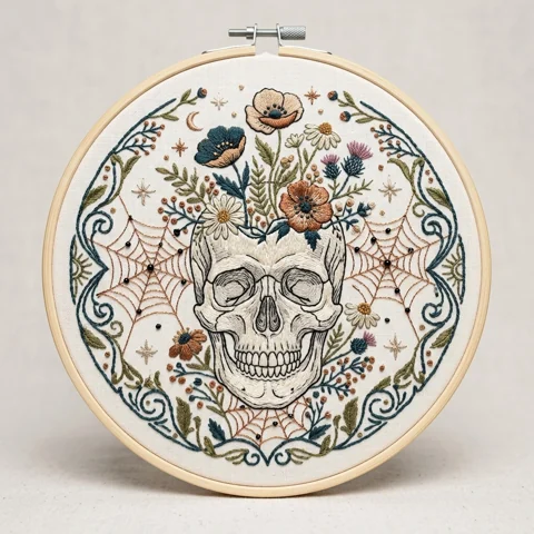 Wildflower-Crowned Skull and Spiderwebs hand embroidery design