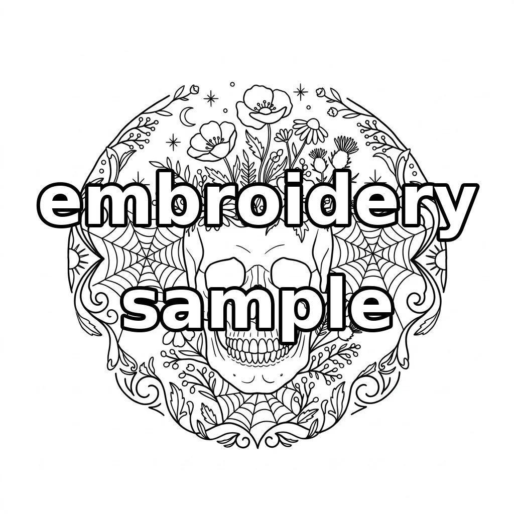 Watermarked Wildflower-Crowned Skull and Spiderwebs embroidery outline