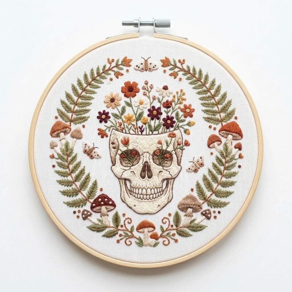 Anatomical Skull with Wildflower Crown Woodland Mushrooms Three Moths colored hand embroidery design