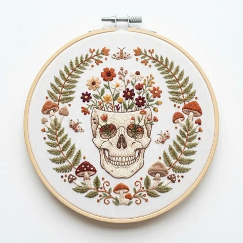 Anatomical Skull with Wildflower Crown Woodland Mushrooms Three Moths hand embroidery design