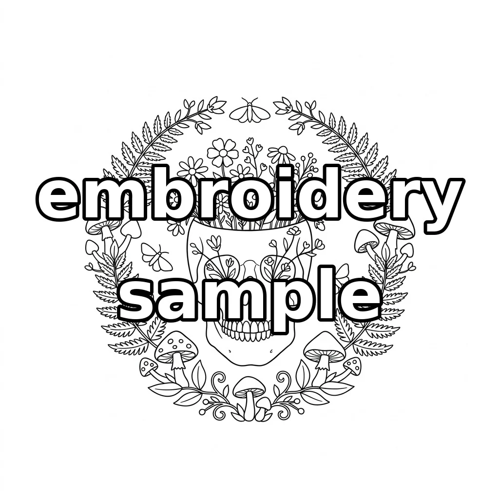 Watermarked Anatomical Skull with Wildflower Crown Woodland Mushrooms Three Moths embroidery outline