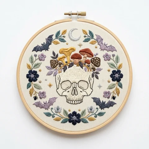 Anatomical Skull with Woodland Mushroom Crown Crescent Moon Bats hand embroidery design