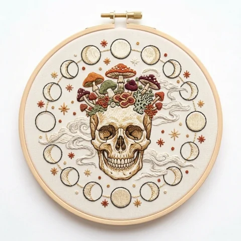 Mushroom-Crowned Skull with Moon Phases hand embroidery design