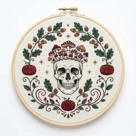 Anatomical Skull with Woodland Mushroom Crown Three Rust Pumpkins hand embroidery design