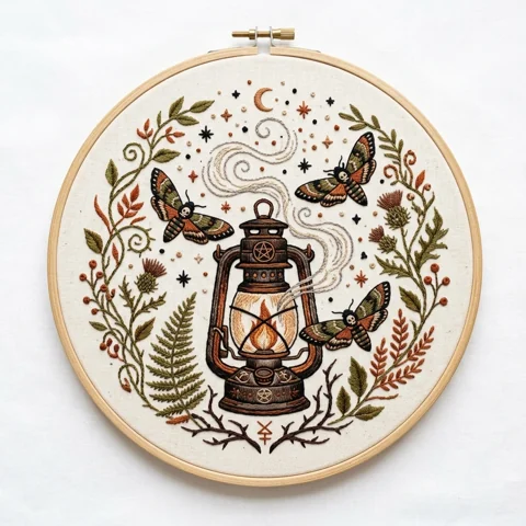 Antique Lantern Three Moths Botanical Night Wreath hand embroidery design