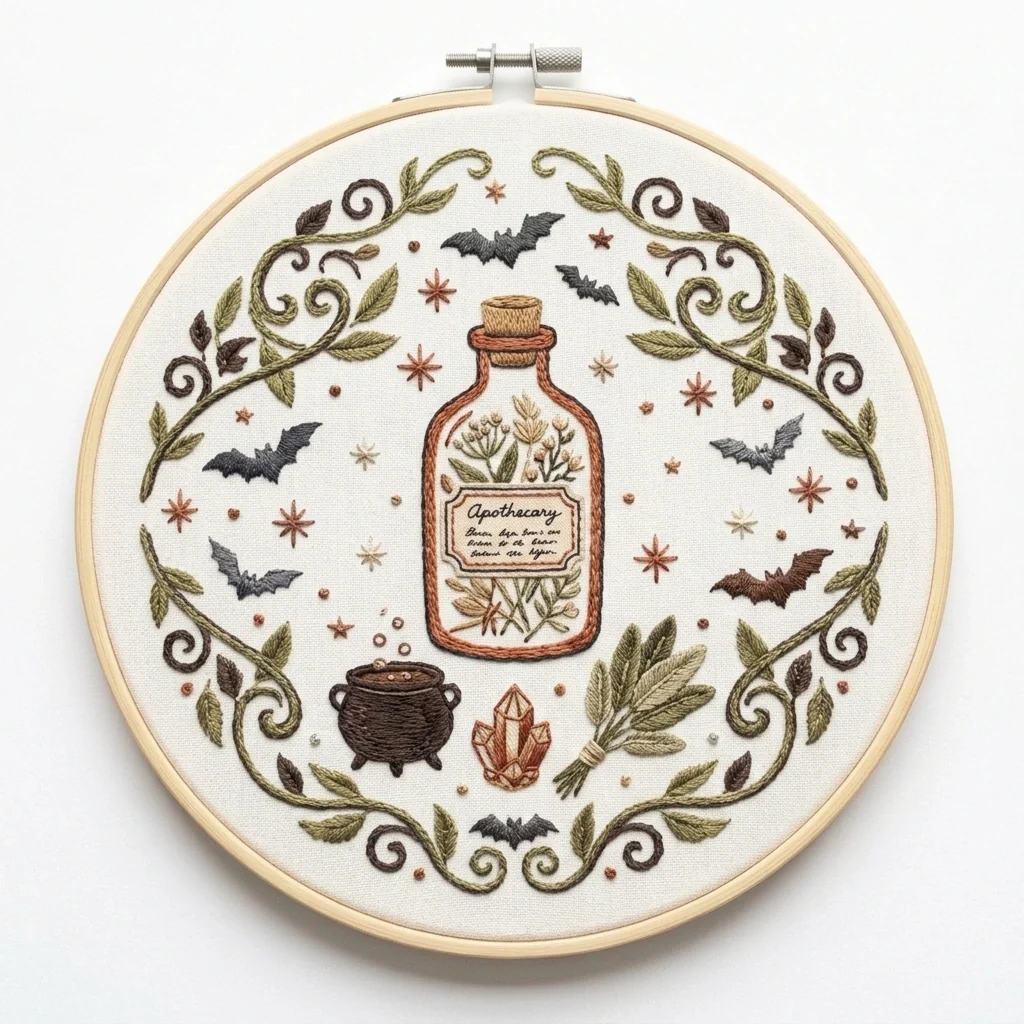 Apothecary Bottle Bats Herbal Wreath colored hand embroidery design