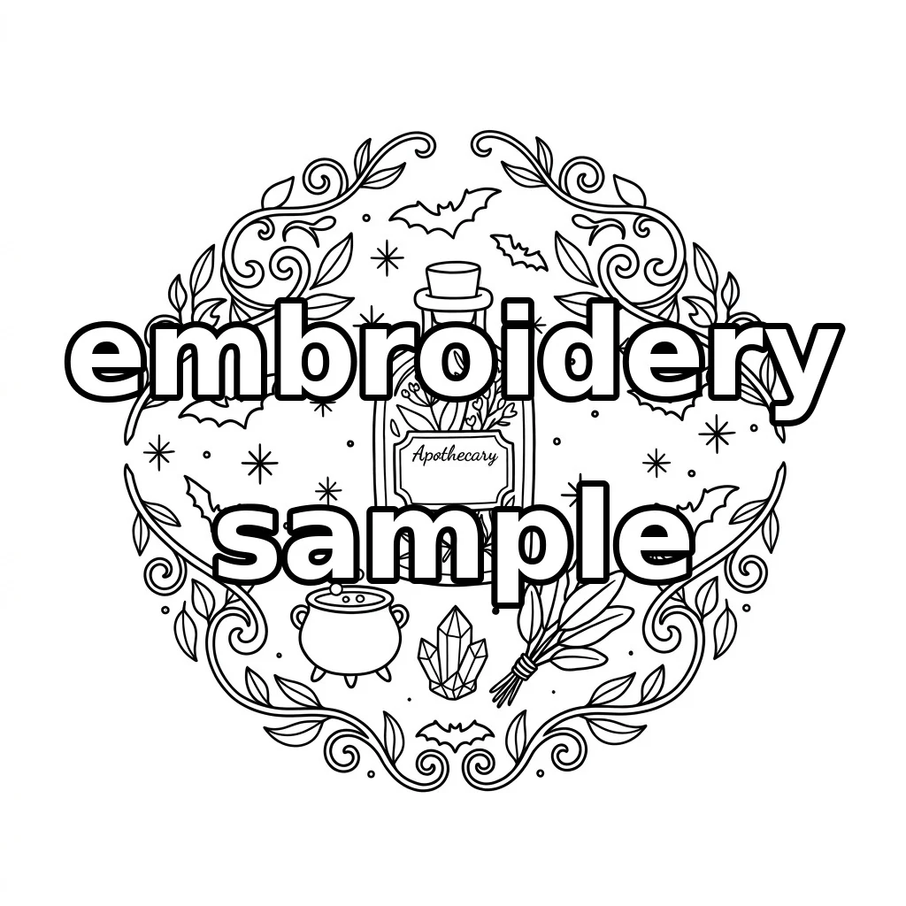 Watermarked Apothecary Bottle Bats Herbal Wreath embroidery outline