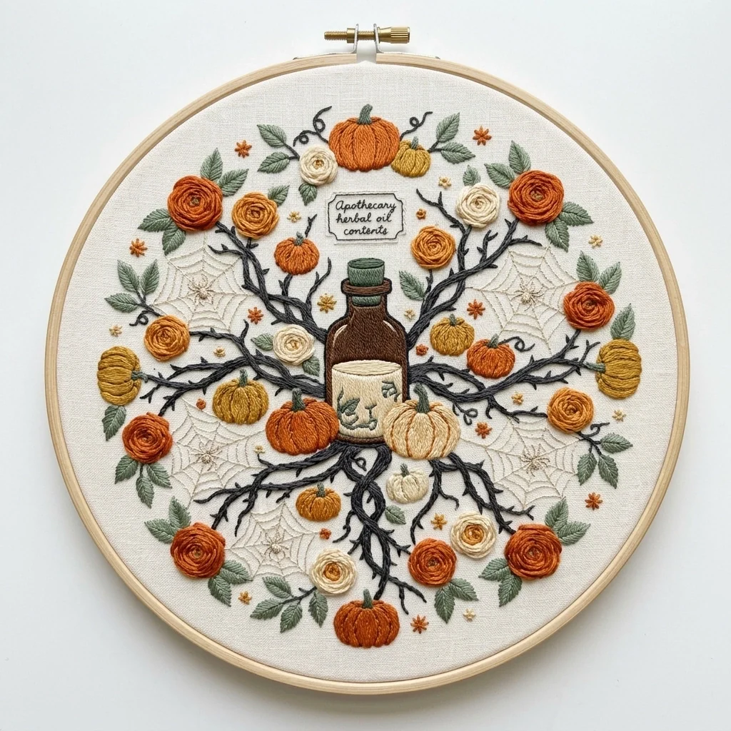 Apothecary Bottle Pumpkins Spiderweb Wreath colored hand embroidery design
