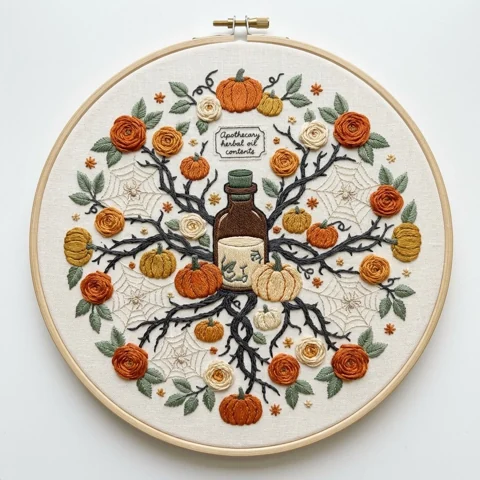 Apothecary Bottle Pumpkins Spiderweb Wreath hand embroidery design