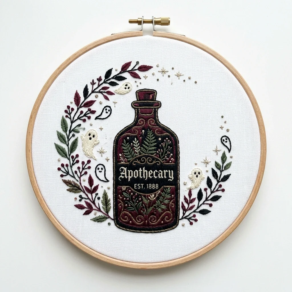 Apothecary Bottle Six Ghosts colored hand embroidery design