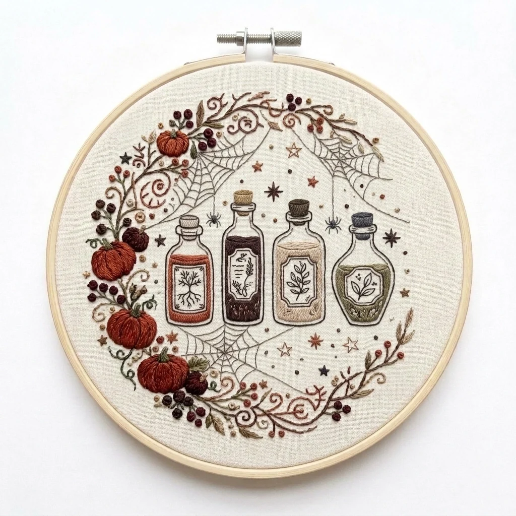Apothecary Bottles Pumpkins Spiderweb Wreath colored hand embroidery design