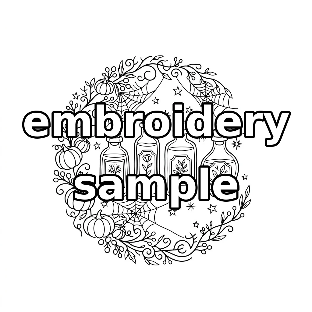 Watermarked Apothecary Bottles Pumpkins Spiderweb Wreath embroidery outline