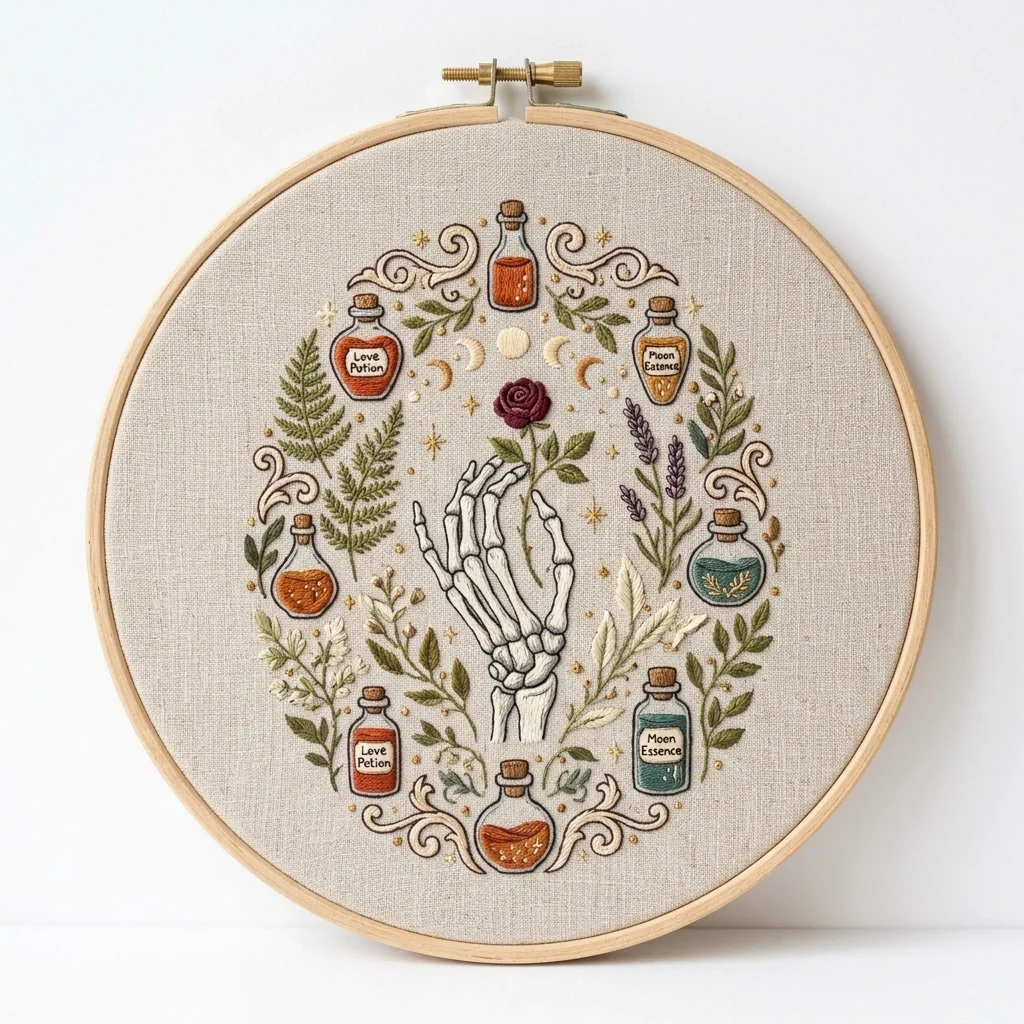 Apothecary Hand, Rose and Botanical Charms colored hand embroidery design