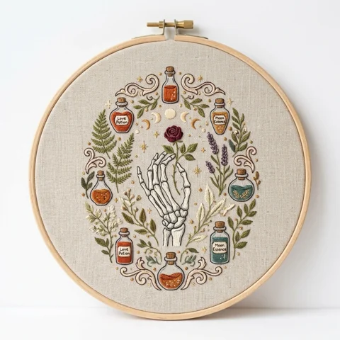 Apothecary Hand, Rose and Botanical Charms hand embroidery design