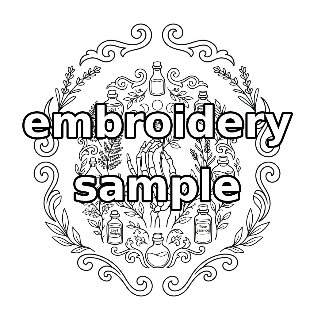 Watermarked Apothecary Hand, Rose and Botanical Charms embroidery outline