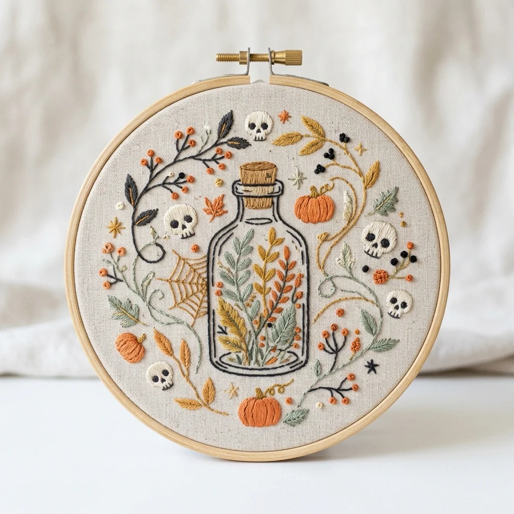 Autumn Apothecary Bottle colored hand embroidery design