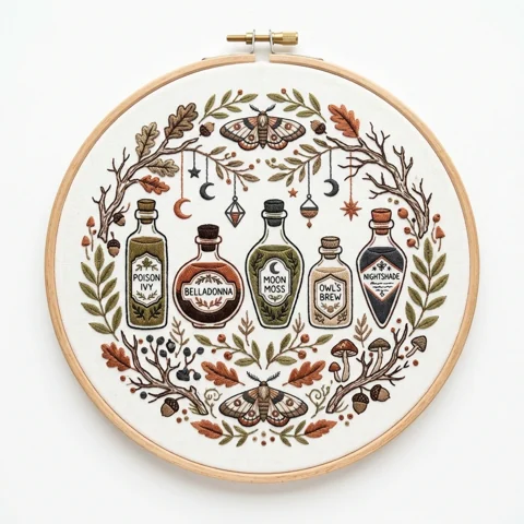 Autumn Apothecary Potions Moths hand embroidery design