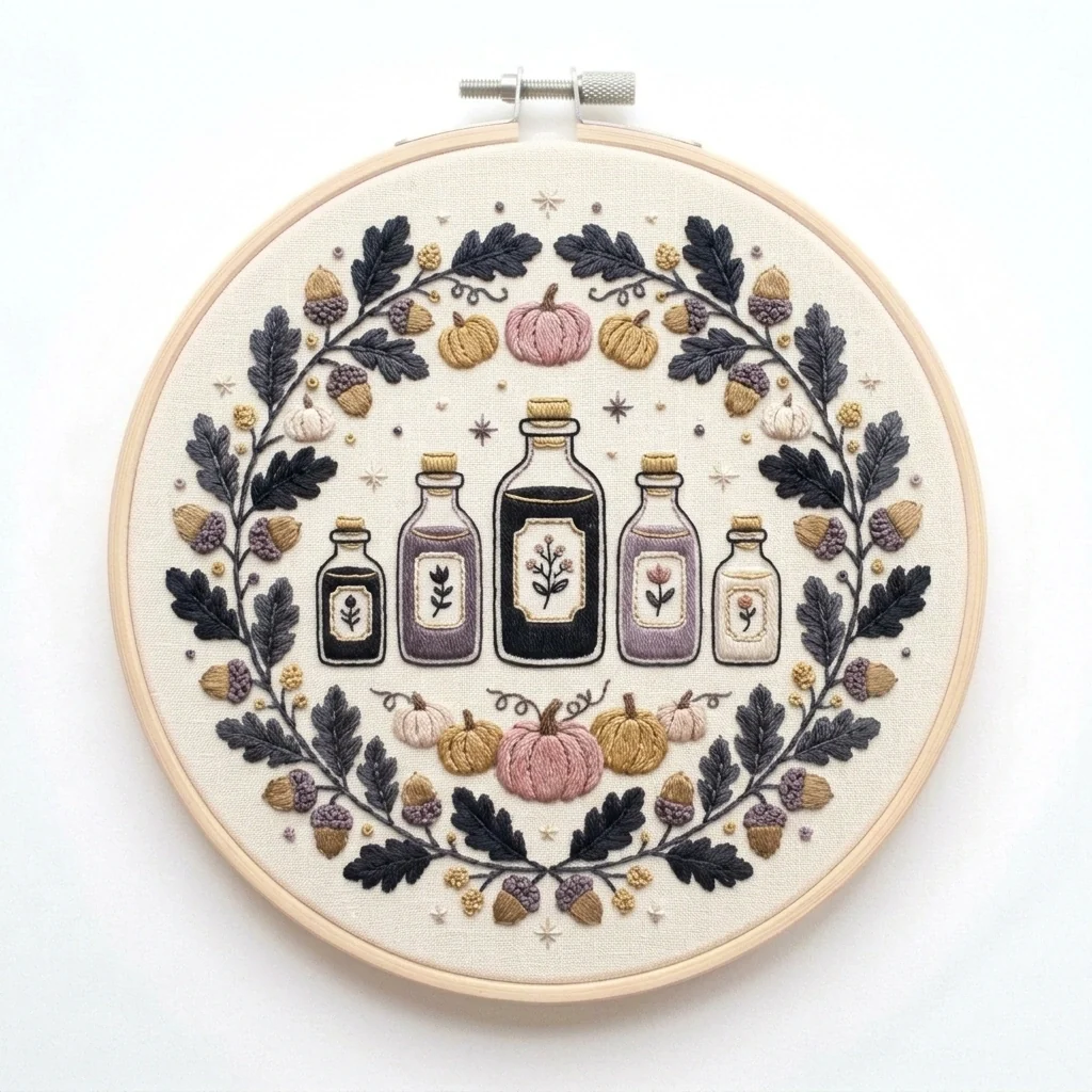 Autumn Apothecary Wreath colored hand embroidery design