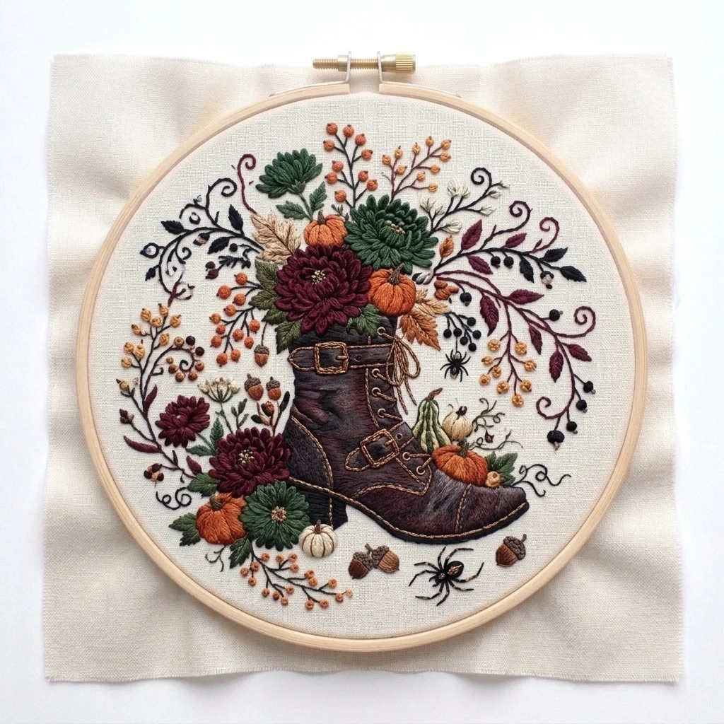 Autumn Boot Floral Harvest colored hand embroidery design