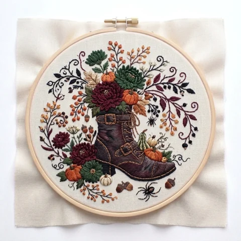 Autumn Boot Floral Harvest hand embroidery design