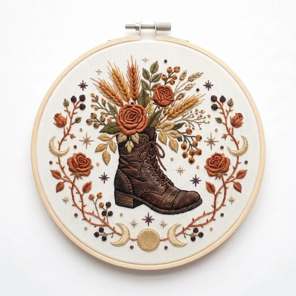Autumn Boot Roses Wheat colored hand embroidery design