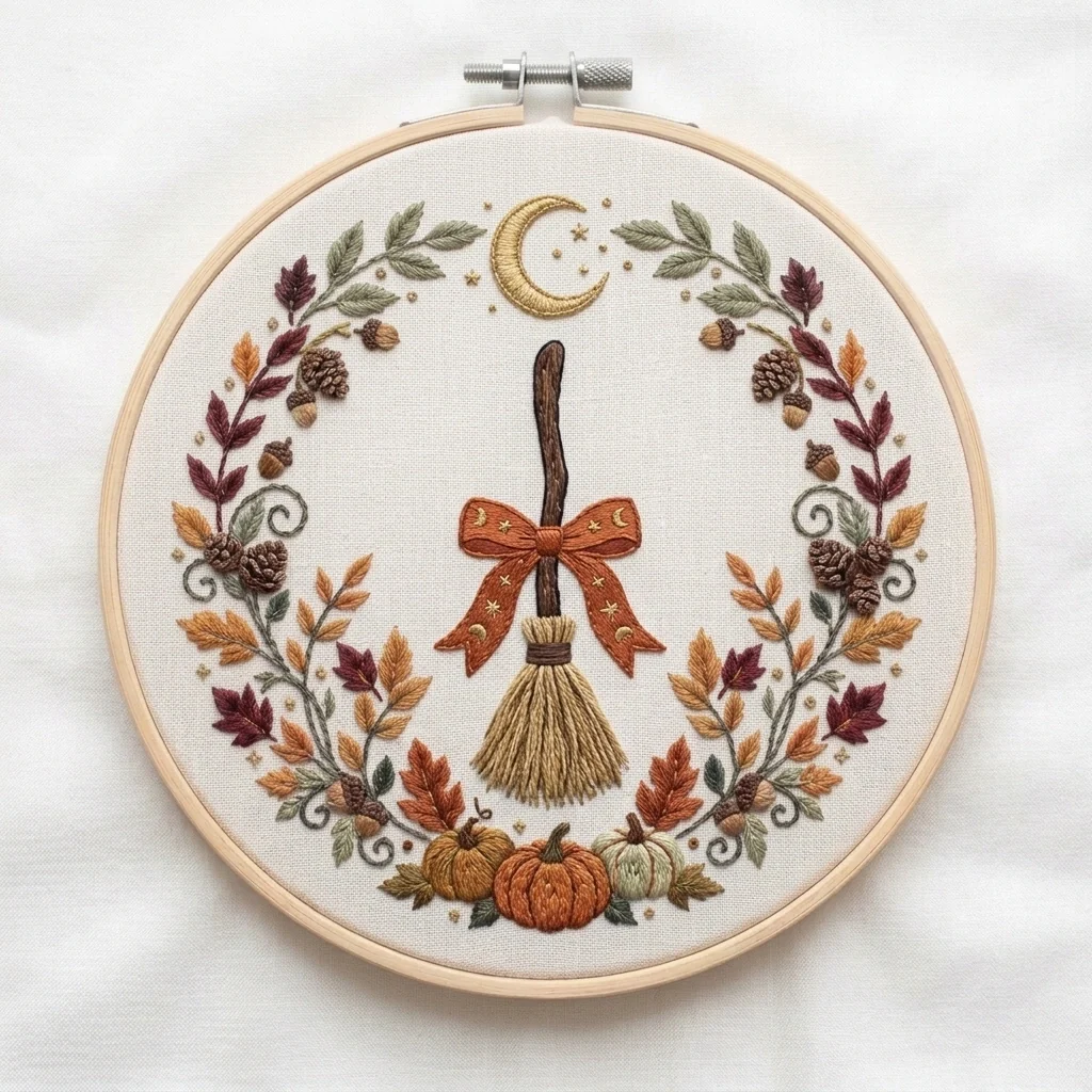 Autumn Broom colored hand embroidery design