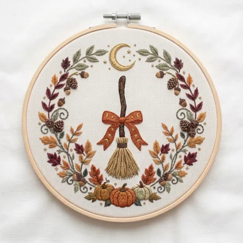 Autumn Broom hand embroidery design