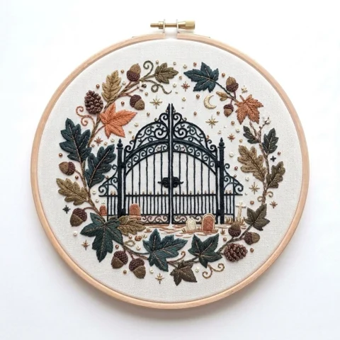 Autumn Cemetery Gate, Acorns and Woodland Wreath hand embroidery design