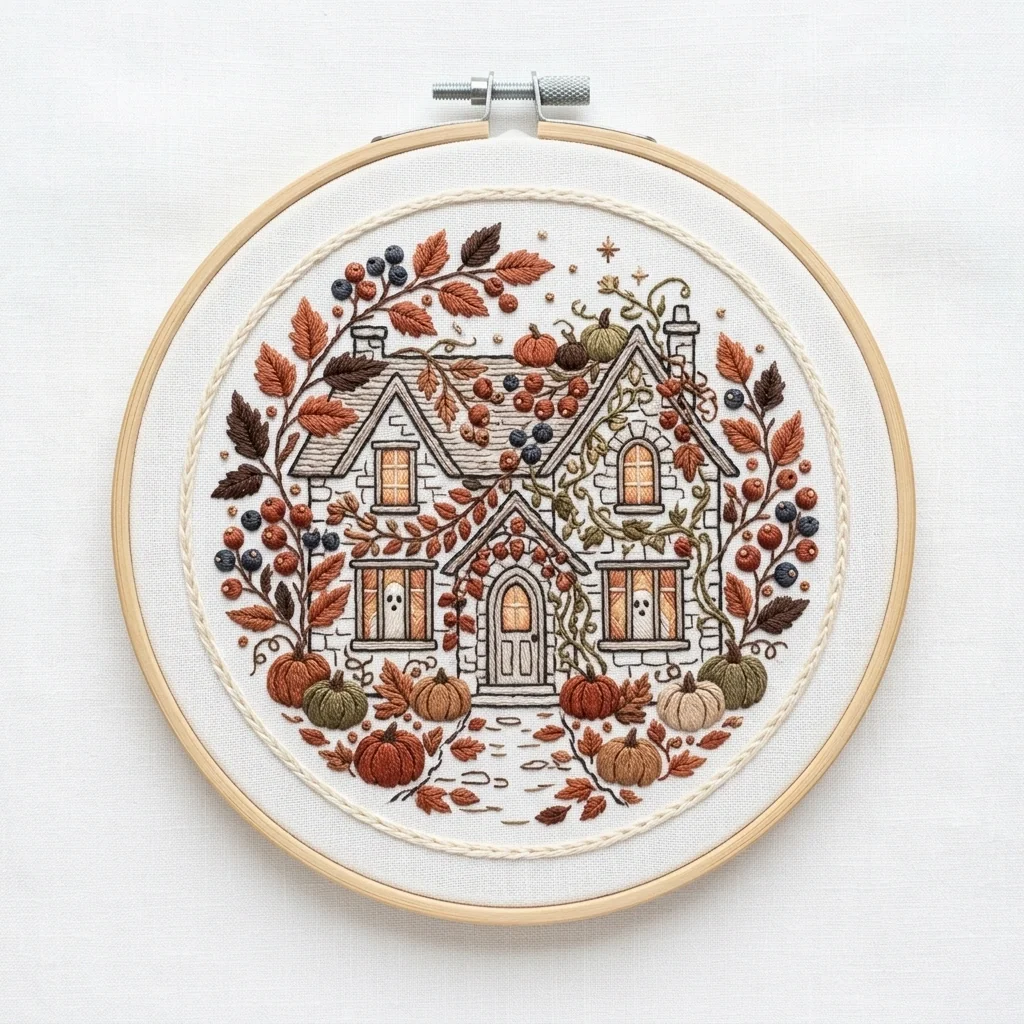 Autumn Cottage Ghost Harvest colored hand embroidery design