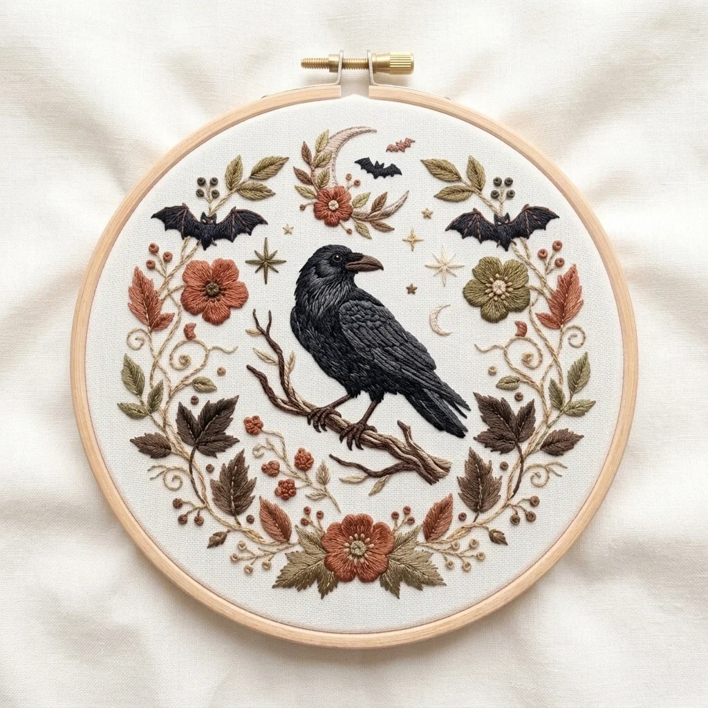 Autumn Crow Bats Celestial Botanical Wreath colored hand embroidery design
