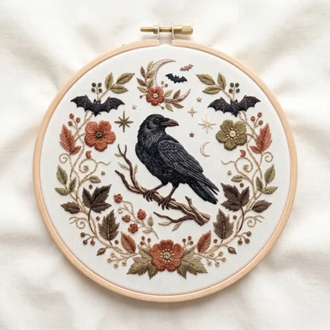 Autumn Crow Bats Celestial Botanical Wreath hand embroidery design