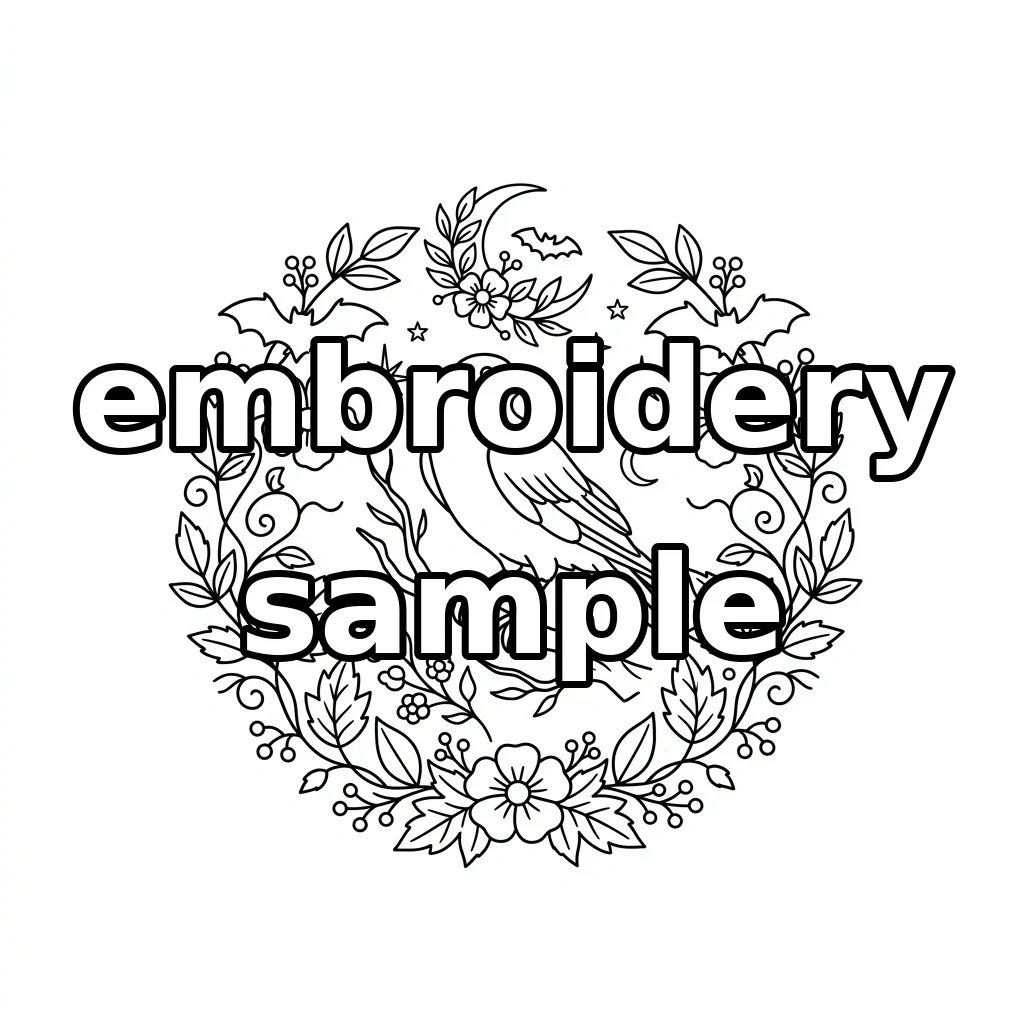 Watermarked Autumn Crow Bats Celestial Botanical Wreath embroidery outline