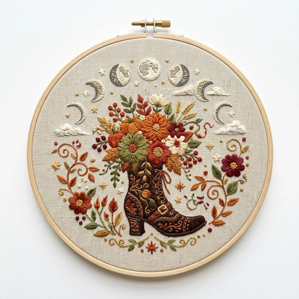 Autumn Floral Boot Celestial Hoop colored hand embroidery design