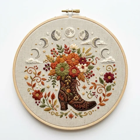 Autumn Floral Boot Celestial Hoop hand embroidery design
