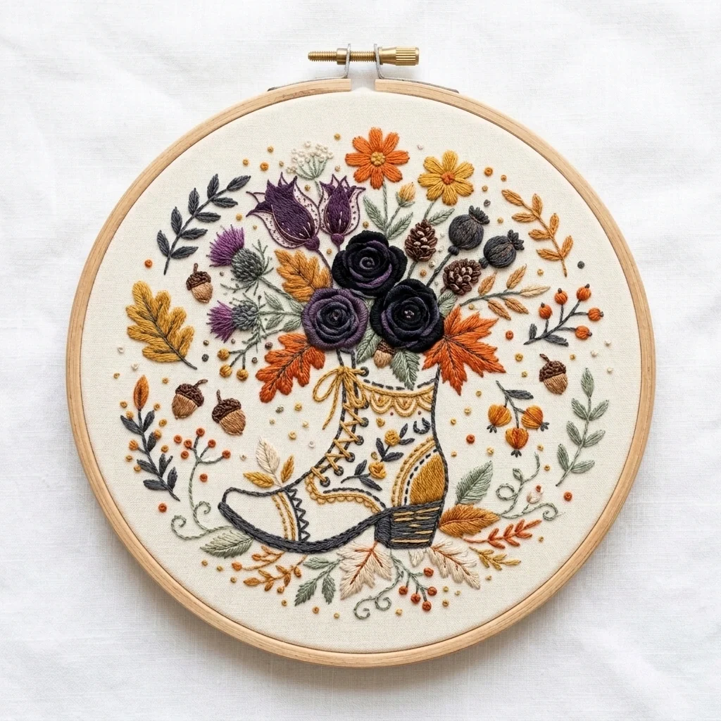 Autumn Floral Cowboy Boot colored hand embroidery design