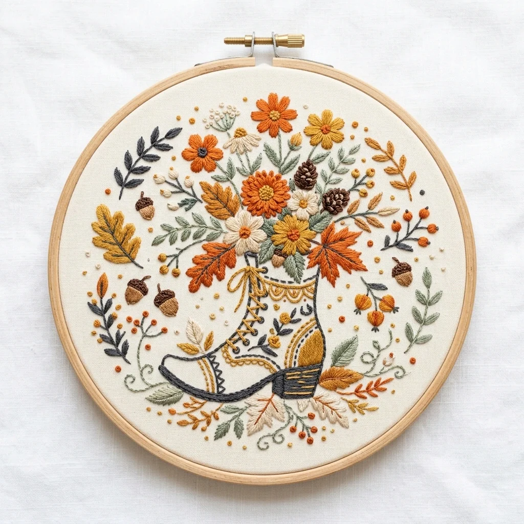 Autumn Floral Lace Up Boot colored hand embroidery design