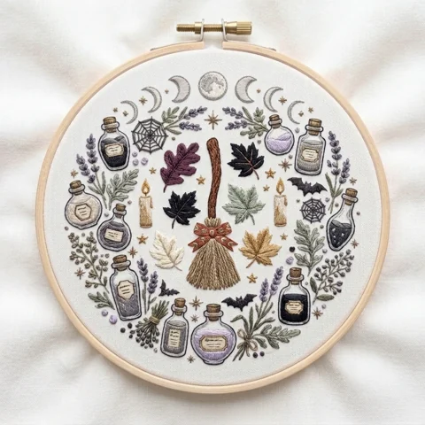 Autumn Harvest Apothecary Broom hand embroidery design