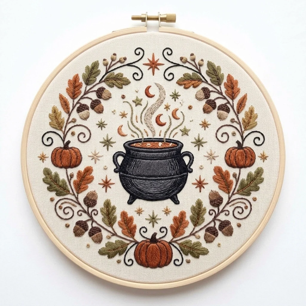Autumn Harvest Cauldron colored hand embroidery design