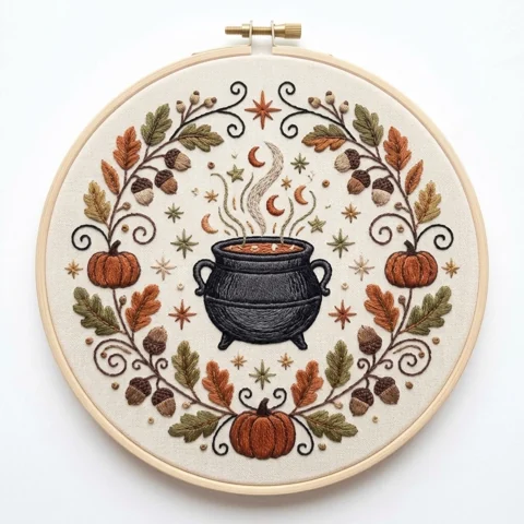 Autumn Harvest Cauldron hand embroidery design