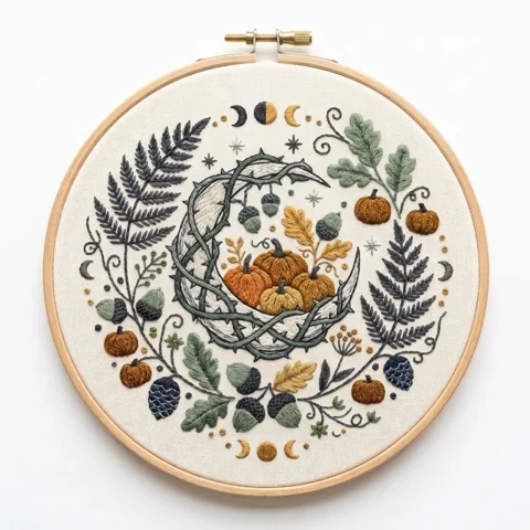 Autumn Harvest Moon Woodland Wreath hand embroidery design