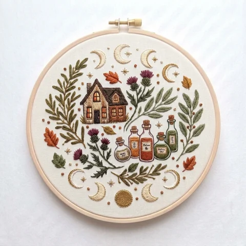 Autumn Herbal Cottage Moon Phases hand embroidery design
