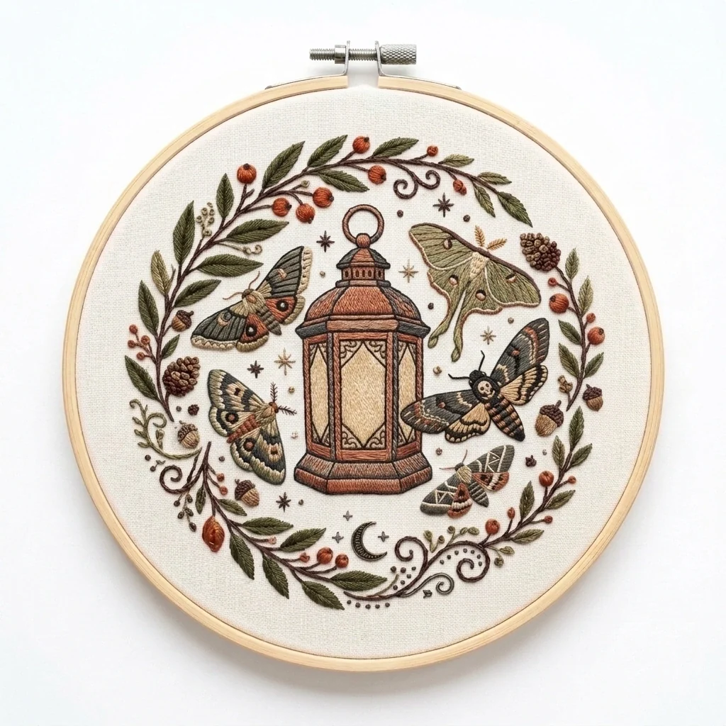Autumn Lantern Moths Botanical Wreath colored hand embroidery design