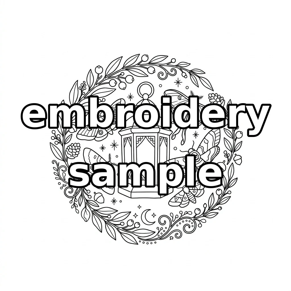 Watermarked Autumn Lantern Moths Botanical Wreath embroidery outline