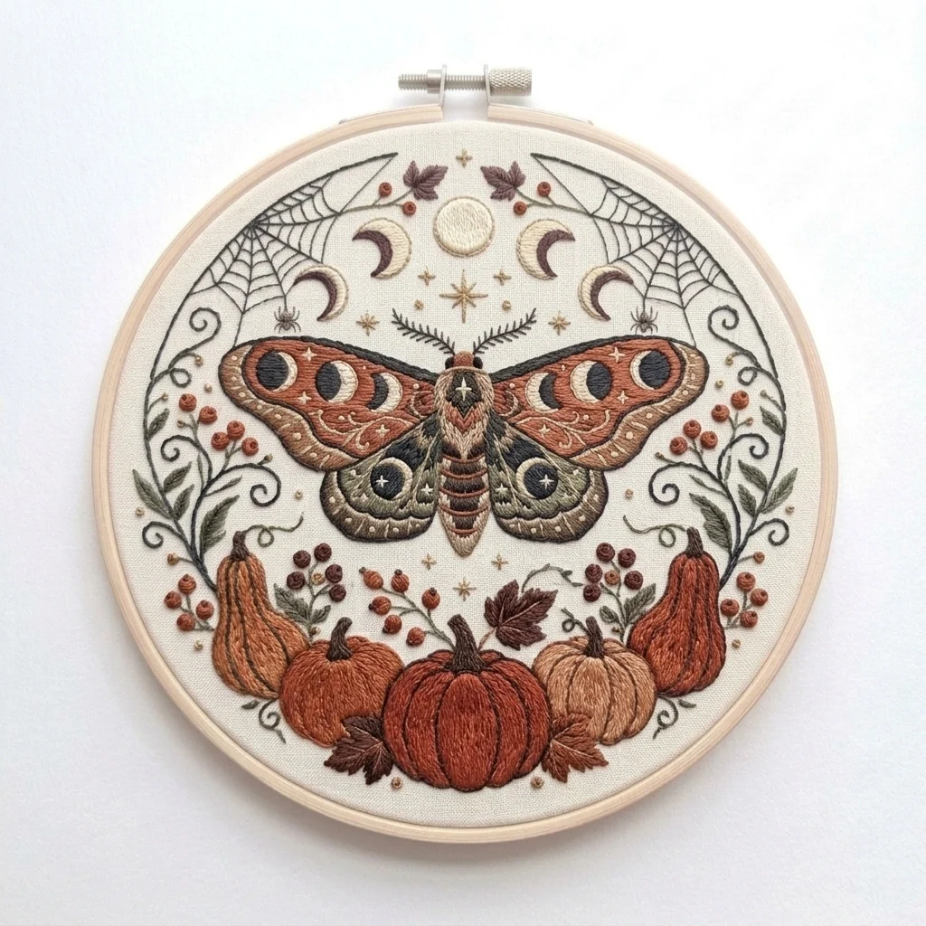 Autumn Moth Moon colored hand embroidery design