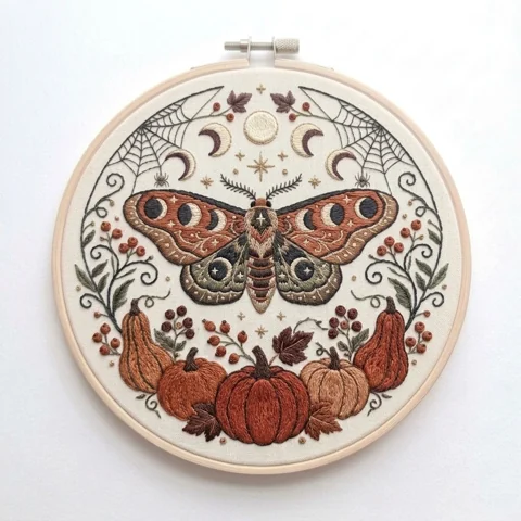 Autumn Moth Moon hand embroidery design