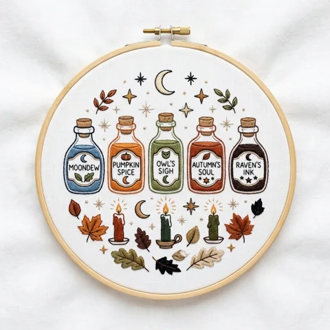Autumn Potion Bottles Candle Leaves hand embroidery design