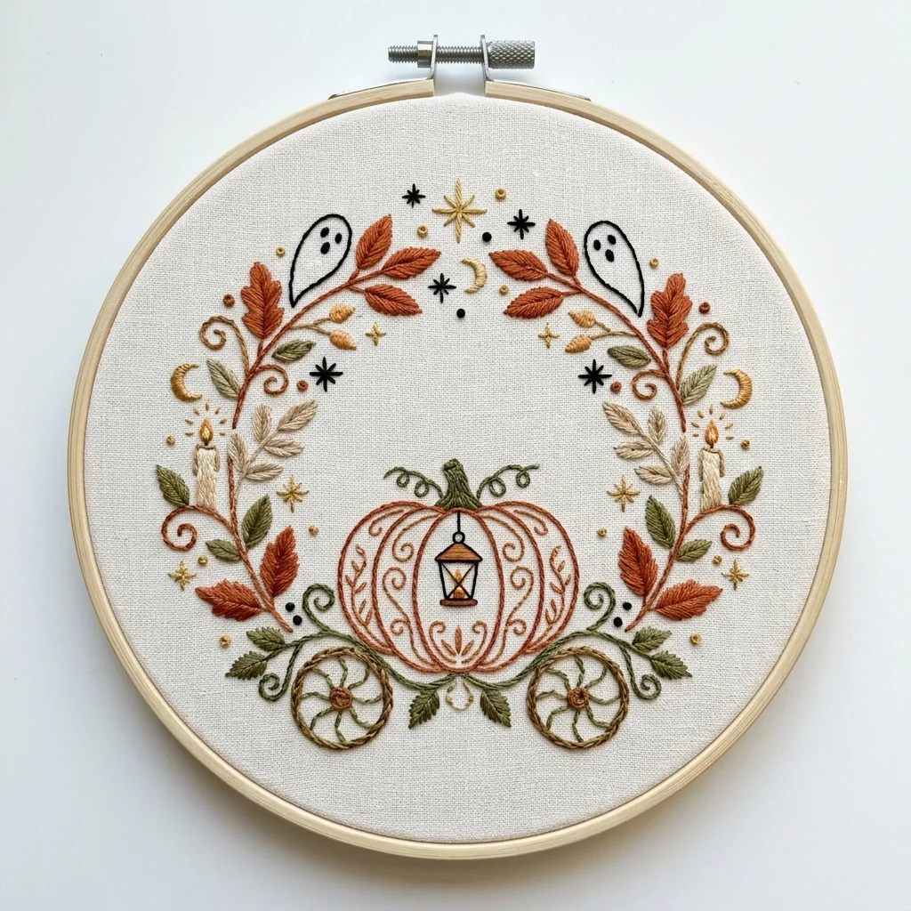 Autumn Pumpkin Carriage colored hand embroidery design