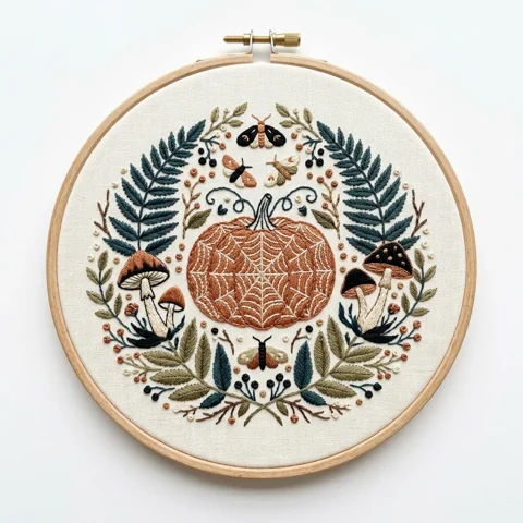 Autumn Pumpkin Moths Woodland Ferns hand embroidery design