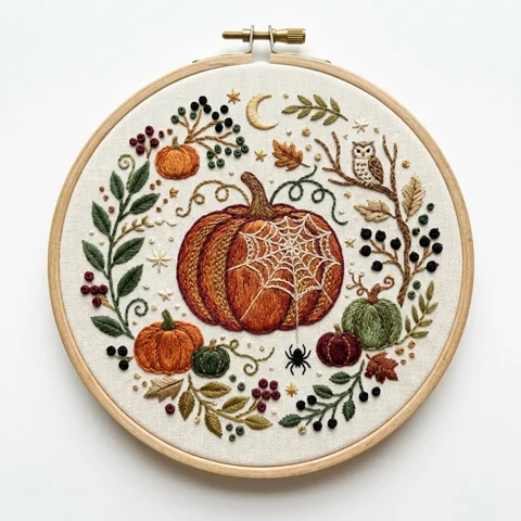 Autumn Pumpkin Owl Spiderweb Wreath hand embroidery design